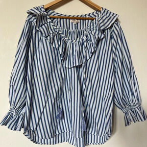 Millie Pinstripe Ruffled Coastal Cotton Long Sleeve Bohemian Shift Top PP
